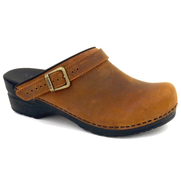 Women's Open Back Clog, Smooth Oiled leather Upper, Chestnut, Size 4.5-5 M